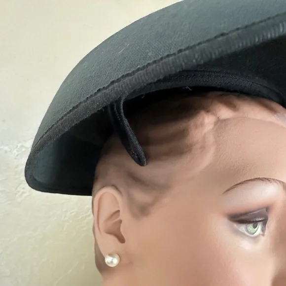 CAPTIVATING BLACK FABRIC 1950s' CART WHEEL HAT WITH BLACK & WHITE TRIM